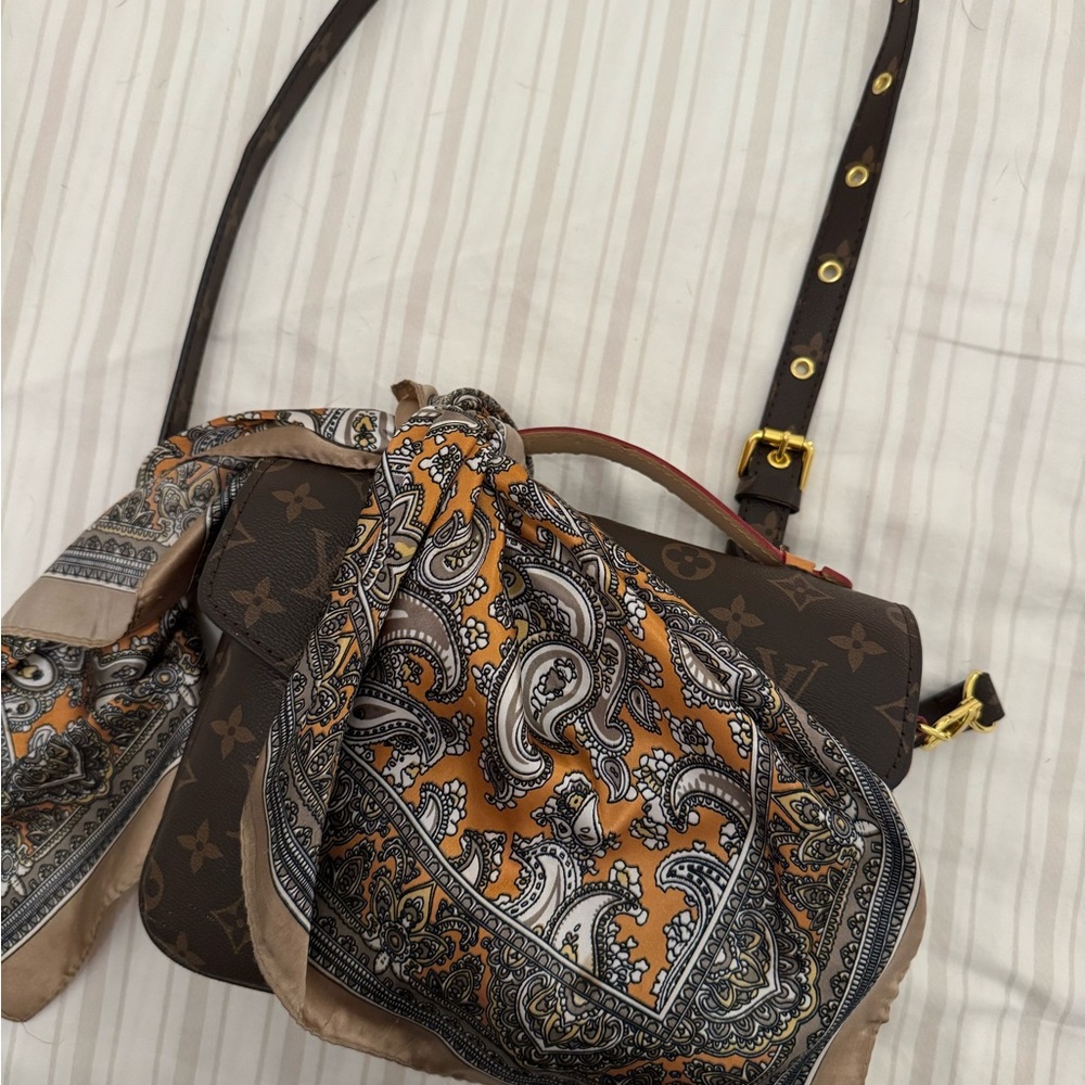 Brown Crossbody Bag with Orange Paisley Scarf